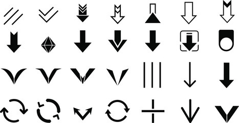 Cad drawing flat vector illustration of mixed arrow icons, downward direction symbols, geometric navigation pointers, circular and square shapes