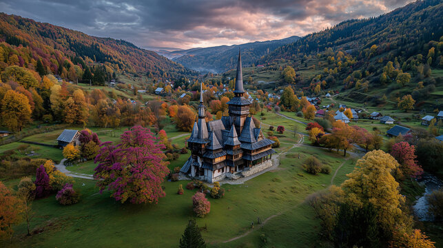 Wooden church in Maramureș, Romania during fall