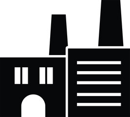 Factory building icon in CAD silhouette style, twin smokestacks, geometric layout with windows and arched doorway