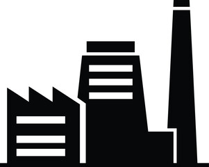 Factory building icon silhouette, CAD line art vector illustration, industrial facility with smokestack, sawtooth roof architecture design