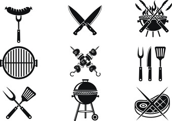 Flat vector illustration of assorted barbecue grill icons, black silhouette set of grilling tools, utensils, meat, skewers, and flames