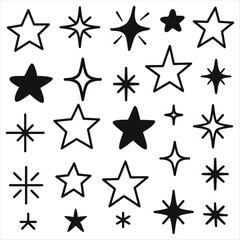 Hand-Drawn Star and Sparkle Icon Set – Black and White Doodle Style Vector