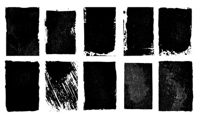 Grunge linocut rectangle shapes set with relief block printing textures. Black textured lino ink backgrounds collection, worn paint roller stains, scuffed artistic frames, vector banner design