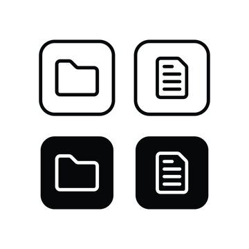 Four icons depicting a folder and a document, presented in both black and white, outline and filled styles.
