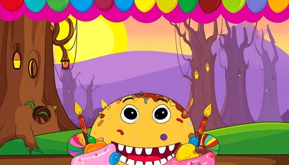 Cartoon monster cake with party decorations