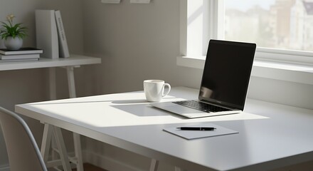 Fototapeta premium Minimalist home office with laptop, coffee mug, and notepad on clean desk