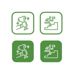 Green icons depicting success:  a hand holding a trophy and a person climbing stairs towards a flag.