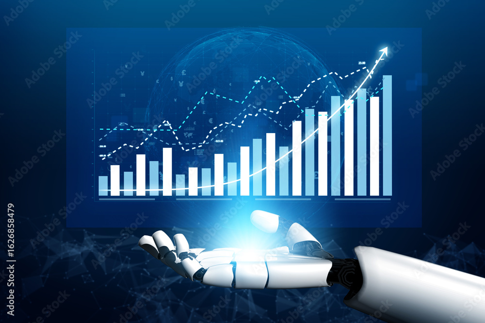Poster a futuristic robot hand is presented with a glowing blue light against a backdrop of dynamic data vi