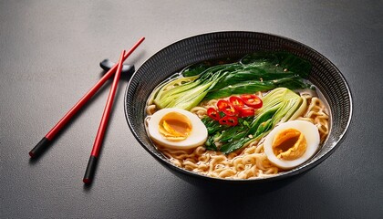 bowl of ramen noodle soup with eggs bok choy and red chili on gray background