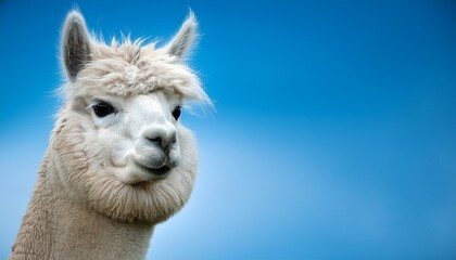 Obraz premium portrait of a white alpaca against a sky blue background