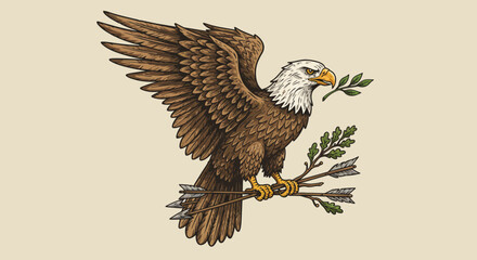 Majestic Bald Eagle with Arrows and Olive Branch Illustration.