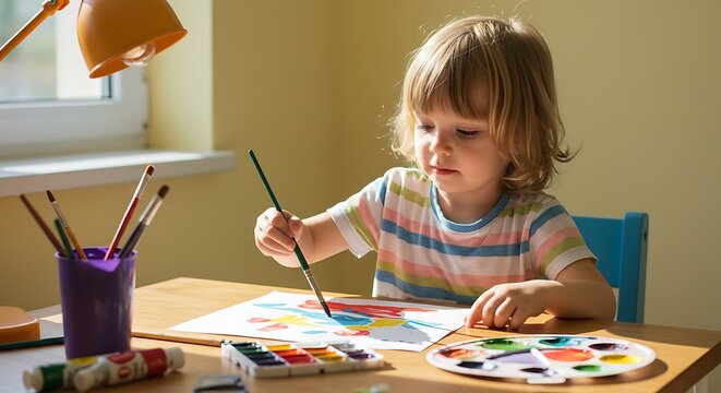 Child painting with watercolors at desk with colorful art supplies