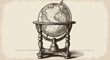 Vintage Globe Illustration with Detailed Stand and World Map. © Adi