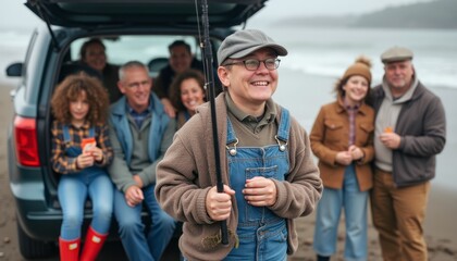 Joyful family fishing trip by the beach