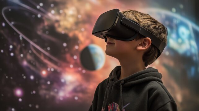 Young boy wearing virtual reality headset exploring a space simulation.