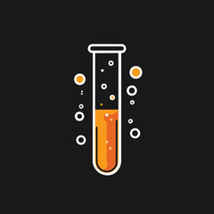 Minimalistic vector illustration of a test tube filled with orange liquid, surrounded by white and orange bubbles, set against a dark background