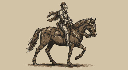 Obraz premium Medieval Knight in Full Armor Riding a Horse Illustration.