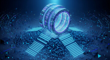 Explore futuristic data portal with vibrant blue and purple neon lights illuminating the digital landscape