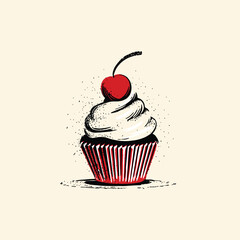 Detailed hand-drawn vector of a cupcake topped with creamy frosting and a bright red cherry, with a red striped wrapper on a light background