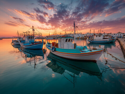 Greek fishing boats in Paros port at sunrise