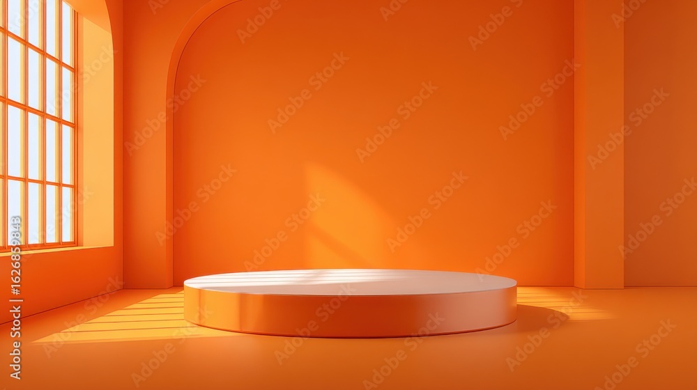 Poster a vibrant orange room is adorned with a circular display platform. large windows allow natural light