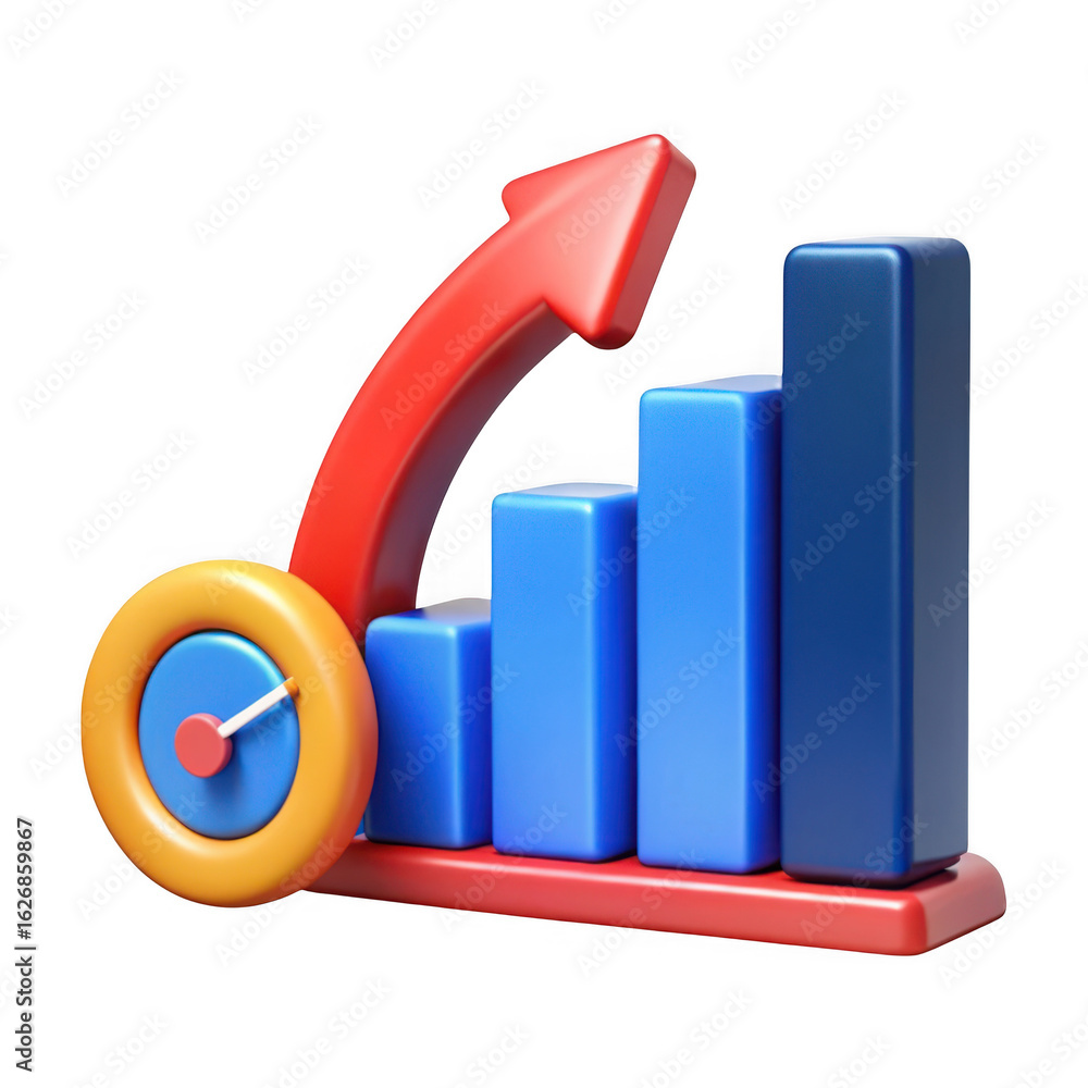 Poster 3d growth chart with upward arrow and clock isolated on transparent background