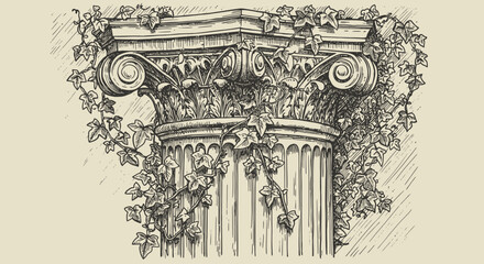 Fototapeta premium Ornate Column Capital with Ivy Illustration.