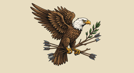 Majestic Bald Eagle Holding Arrows and Olive Branch Illustration.