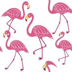 Obraz premium Vibrant pink flamingos in various poses against a clean white background silhouette