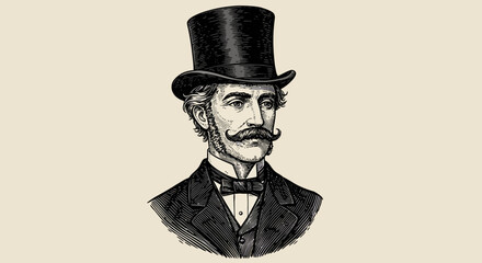 Engraved Portrait of a Gentleman with Top Hat and Moustache.