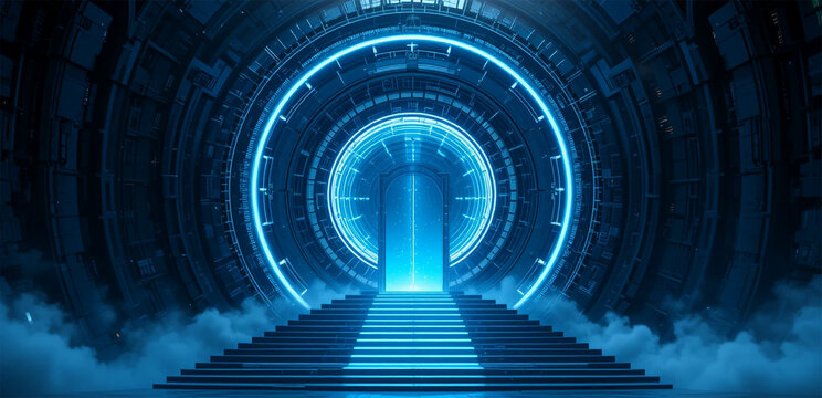 Futuristic portal emitting bright light and smoke leading to opportunity and success in a fantasy setting with stairs - Powered by Adobe
