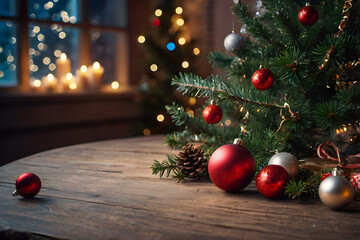 Empty wooden table, balls, christmas tree, lights on background, blurred bokeh. Christmas mock up banner to display, advertise product, promotion sale, presentation. New year, winter backgrounds.
