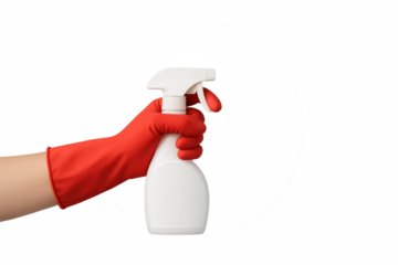 Hand in Red Glove Holding Spray Bottle: A close-up shot of a hand adorned in a vibrant red glove, firmly grasping a white spray bottle, ready for cleaning, disinfection, or maintenance.