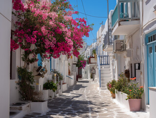 Fototapeta premium Narrow street in Mykonos with white walls and pink flowers