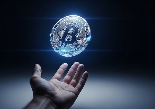 A glowing bitcoin hovers above an outstretched hand symbolizing the future of digital currency and decentralized finance