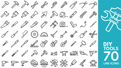 DIY Tools Editable Icons Set. Vector illustration in modern line style of carpentry, repair, wrench, hammer, and more. Isolated on transparent background