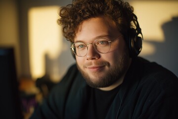 Fototapeta premium Caucasian male adult with headphones smiling in sunlit room