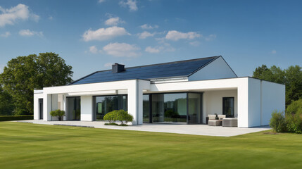 Modern white house with solar panels and expansive lawn a stylish home design