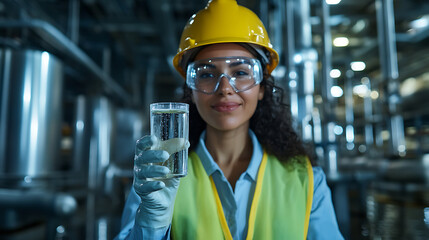 Worker inspecting liquid sample in factory. Safety gear, clean energy solution, and industrial technology concept.