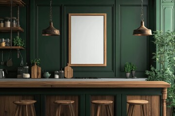 Dark green kitchen with wooden accents and blank poster