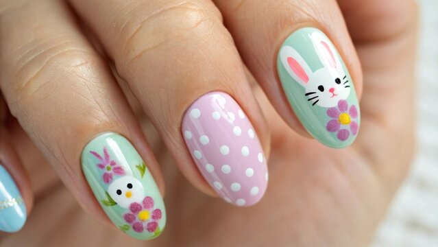 Close Up of Easter Nail Art in Pastel Colors with Bunny and Egg Motifs for Joyful Springtime Vibes