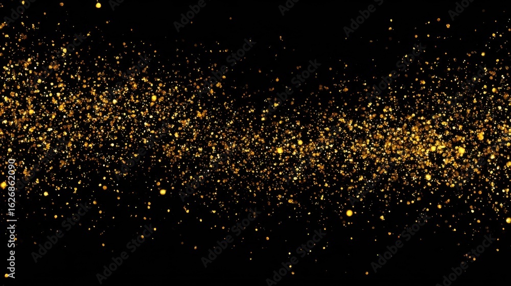 Poster golden particles twinkle and float elegantly across a dark background, creating a captivating displa