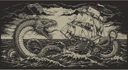 Naklejka premium Sea Serpent Attack: Vintage Engraving of a Ship Under Siege.