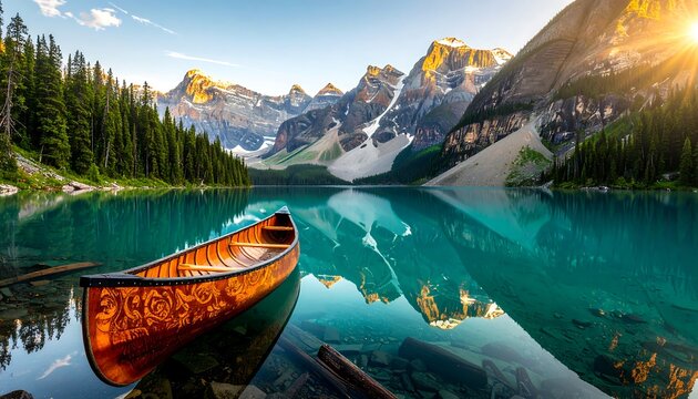 Scenic alpine lake sunrise with canoe