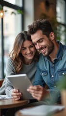 Happy couple enjoying a cozy moment together while using a tablet