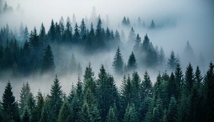 a haunting stillness fills the mist covered forest as the trees disappear into the fog