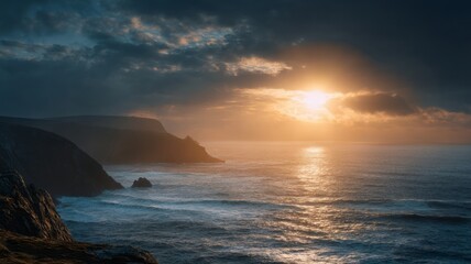 Fototapeta premium Dramatic coastal sunset over rocky shoreline. Neural network AI generated