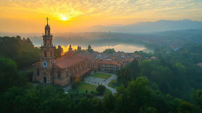 Sunrise over Sacra di San Michele, Italy Aerial View of Historic Abbey and Landscape