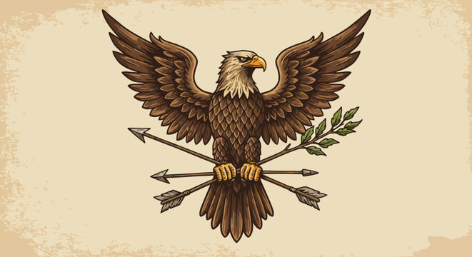 Majestic Eagle Emblem with Arrows and Olive Branch Illustration.