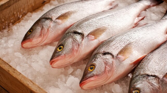 Four fish are arranged neatly on a bed of ice in a rustic wooden crate at a bustling seafood market. The early morning light illuminates their shiny scales and vibrant eyes. - Powered by Adobe